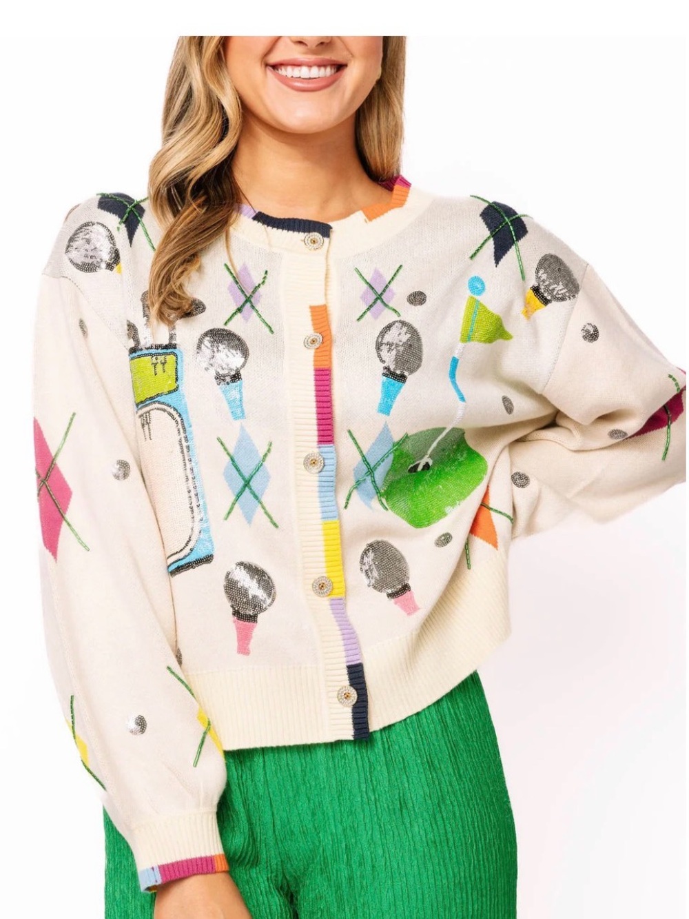 Queen of Sparkles Golf Icon argyle rainbow cardigan, large